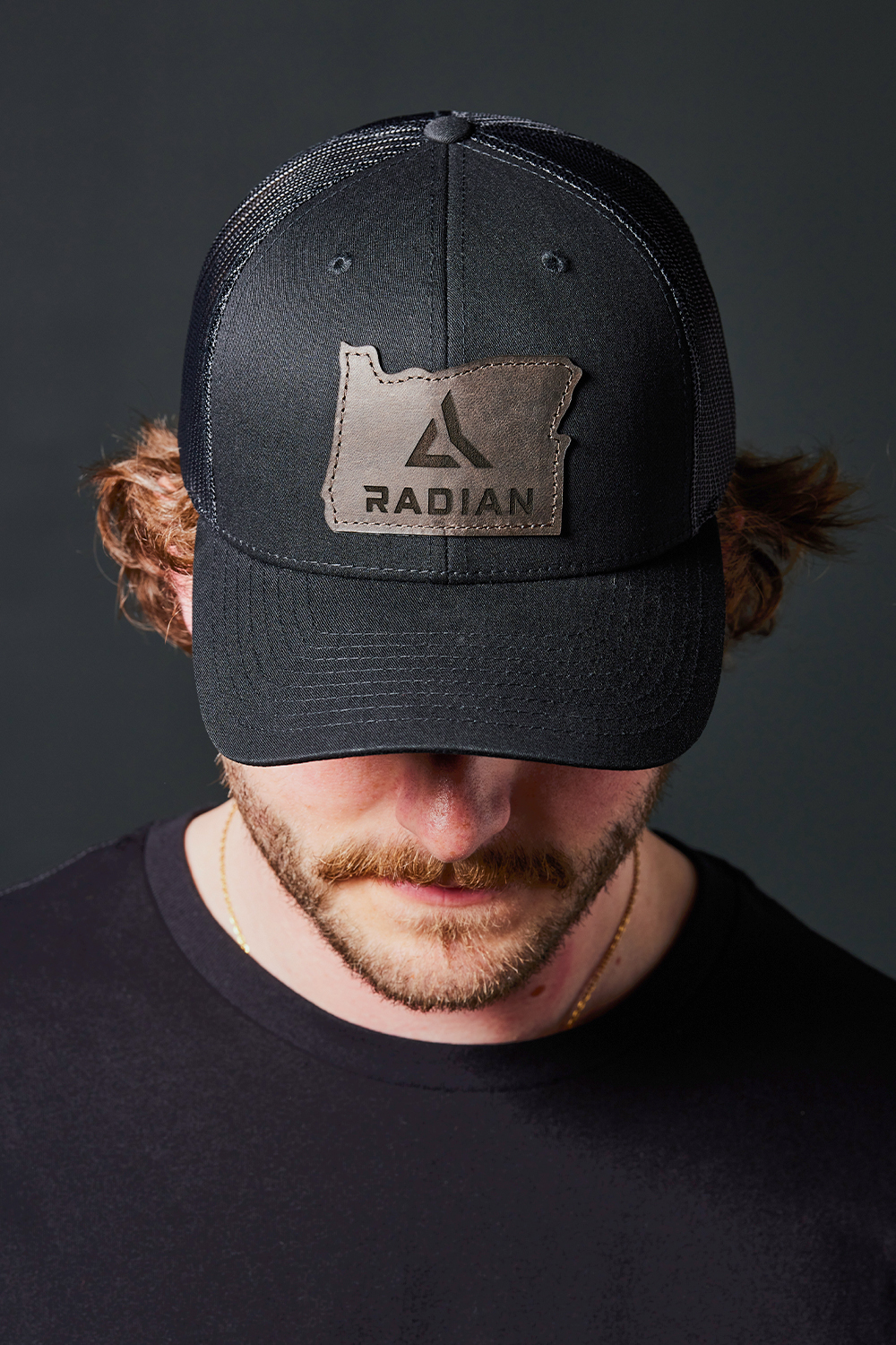 Black trucker hat, Oregon logo leather patch (Richardson style #112)